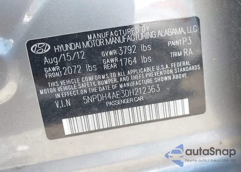 2013 Hyundai Elantra Gls z USA, uszkodzony, nr VIN 5NPDH4AE3DH212363